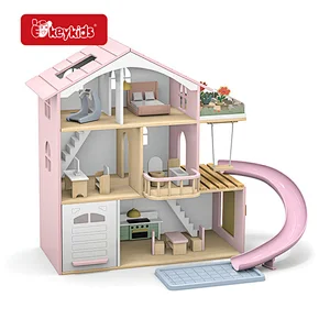 New Pretend Play Dollhouse Toy 5 Rooms Wooden Dollhouse Toy with Furnitures for Girls W06A636